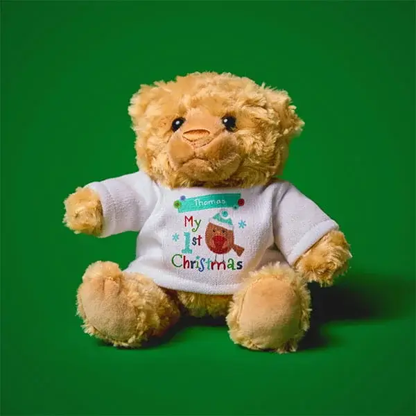 Personalised teddy bear wearing a My 1st Christmas jumper with a custom name, displayed against a green background.